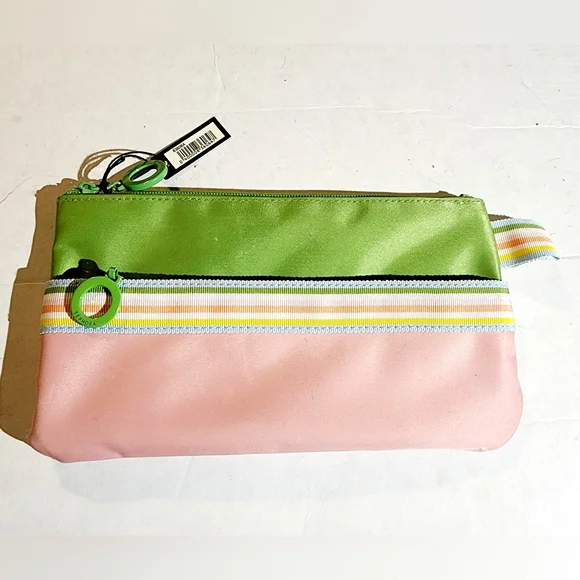 Sephora Ivy green pink stripes divider pocket front pocket signed hardware pouch - Picture 5 of 8